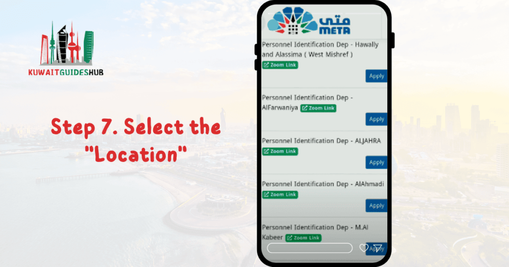 Booking an Appointment on Meta Kuwait for Biometric. Step 7. Select the Location 