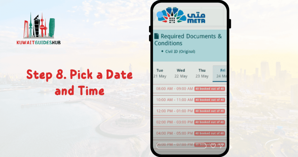 Booking an Appointment on Meta Kuwait for Biometric. Step 8. Pick a Date and Time