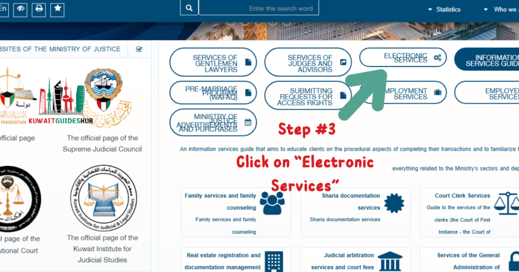 Method #1: How to Check Travel Ban in Kuwait by Civil ID (via MOJ Website) Step 3. Click on “Electronic Services”
